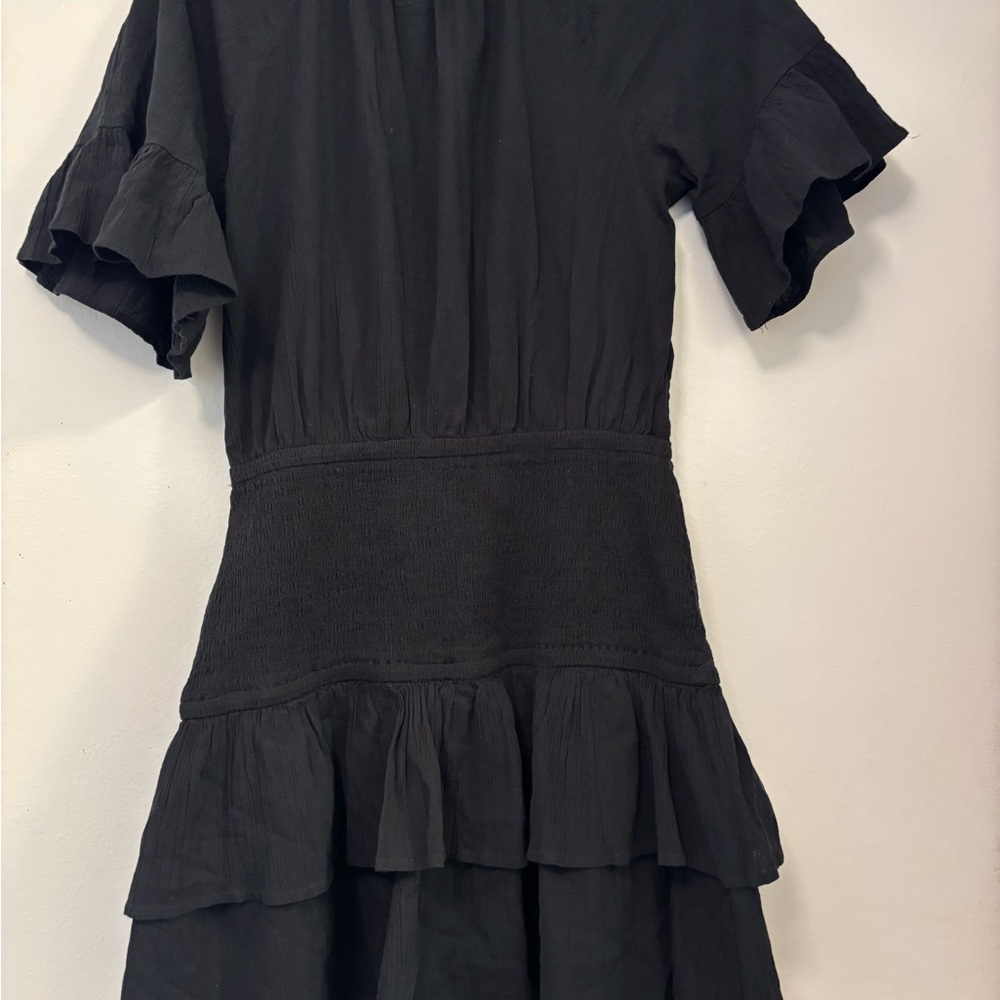 Aerie Women's Black Cotton Smocked Tiered Short Sleeve Mini Dress - Picture 3 of 4